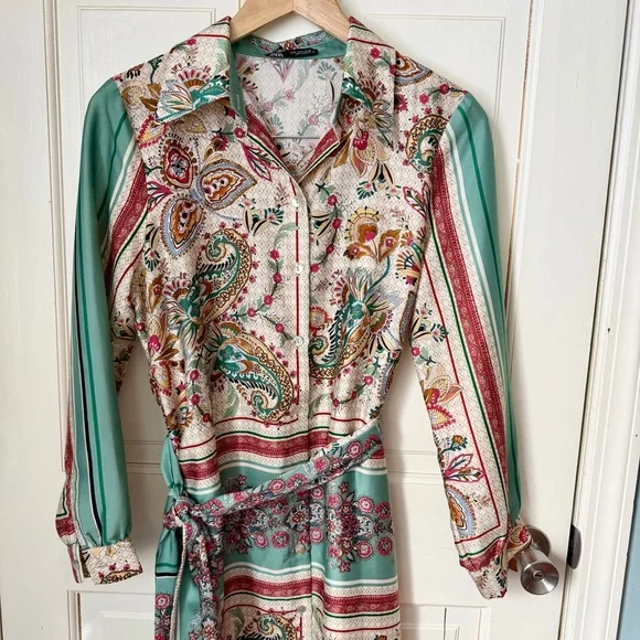 Zara Satin Foulard Paisley Maxi Dress Medium Shirt Dress Floral Belted